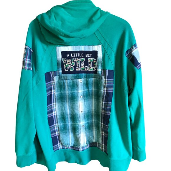 Upcycled Patchwork Hoodie, XL-1X: Grungy Zip-Up Hooded Jacket, A Little Bit Wild - Picture 1 of 11